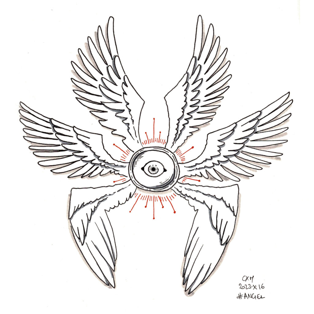 Dessin d’un ange biblique, un œil central et 6 ailes autour de lui