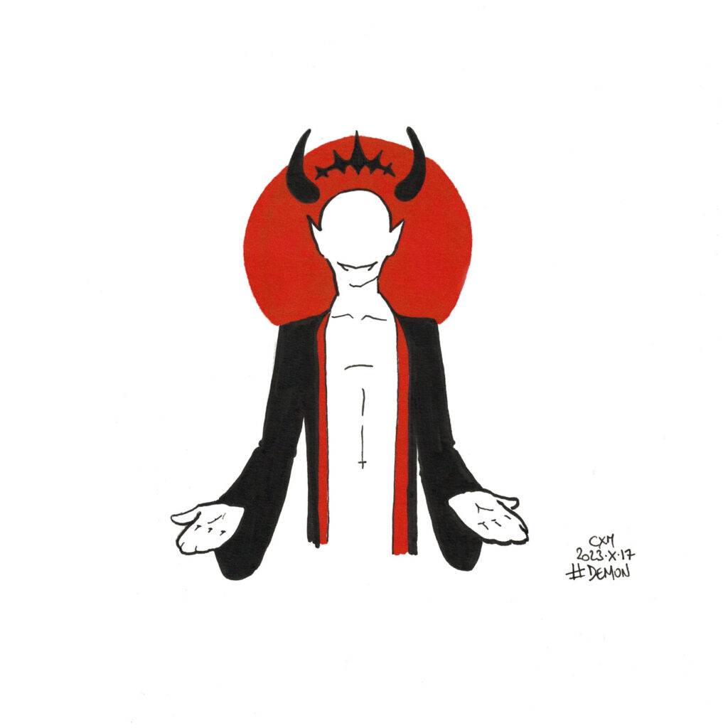 Dessin d’un démon portant une veste noire et rouge, une couronne flotte au-dessus de sa tête