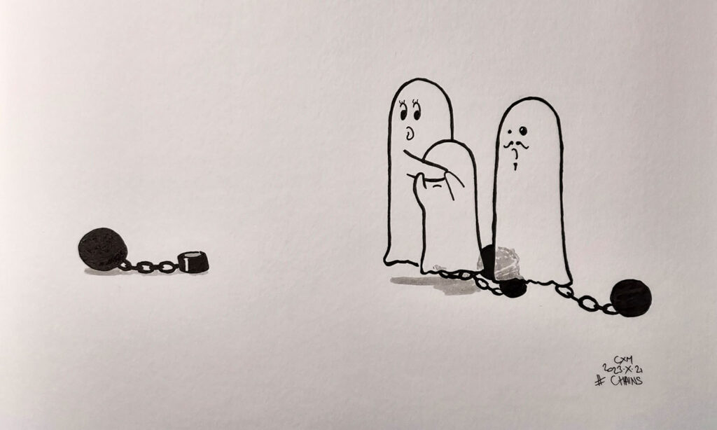 Un boulet attaché à sa chaîne est posé sur le sol à gauche de l’image. À droite, une famille de fantômes (avec chacun un boulet) dont la mère cache les yeux de l’enfant