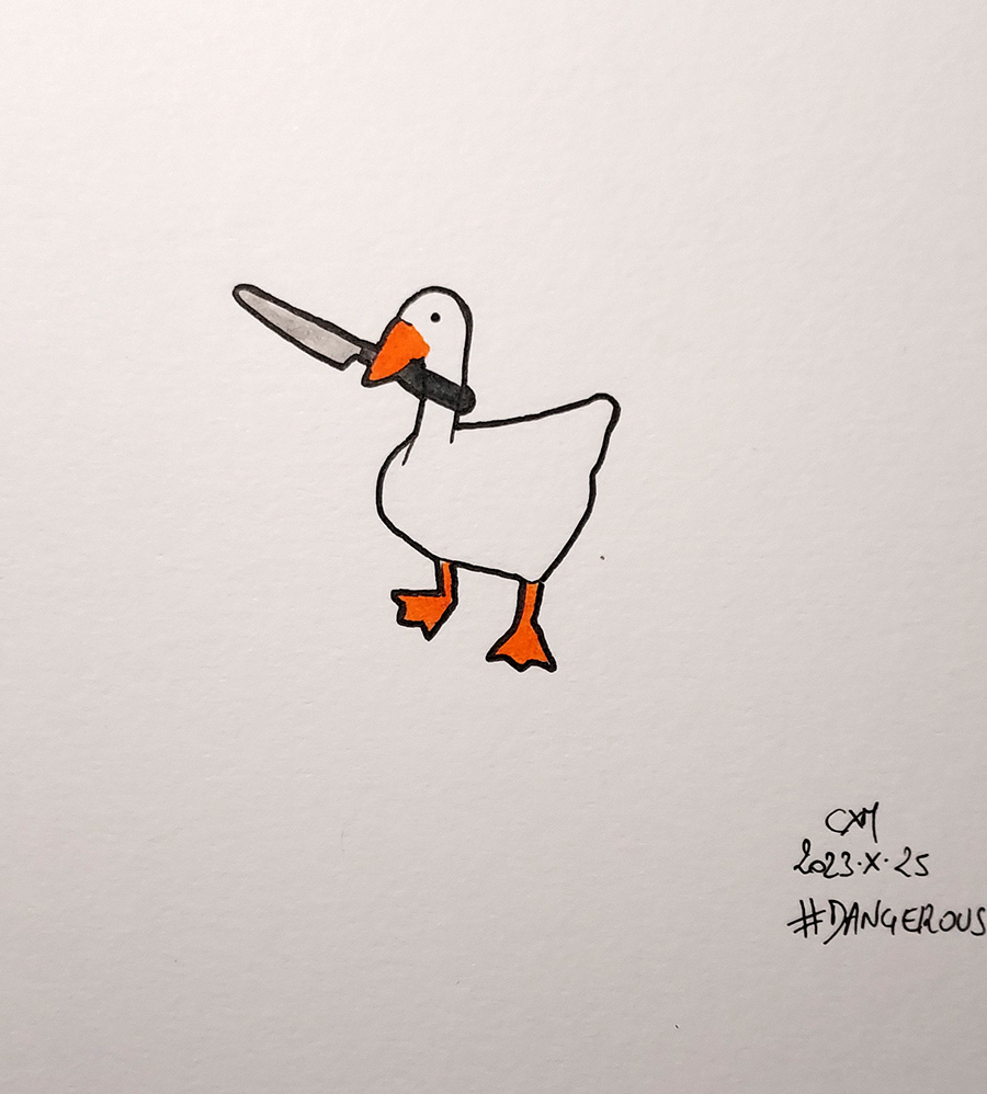 Dessin de l’oie du jeu untitled goose game avec un couteau dans le bec
