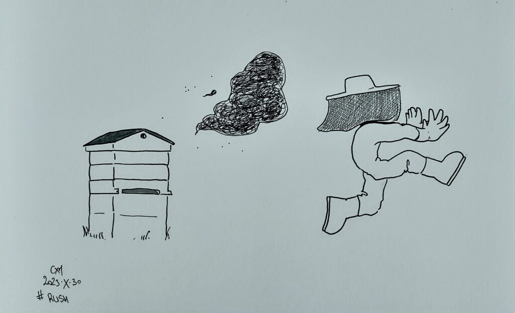 Un apiculteur en tenue court, poursuivi par un essaim qui quitte une ruche