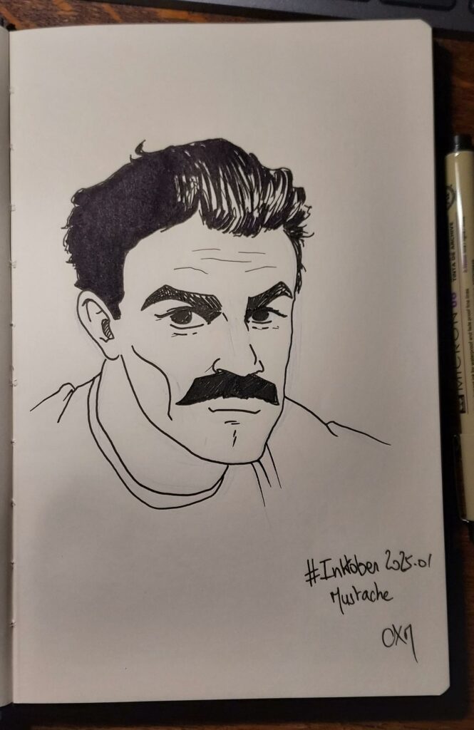 Un dessin en noir et blanc (sur un carnet) d’un homme avec une moustache (basé sur une photo de l'acteur Tom Selleck)