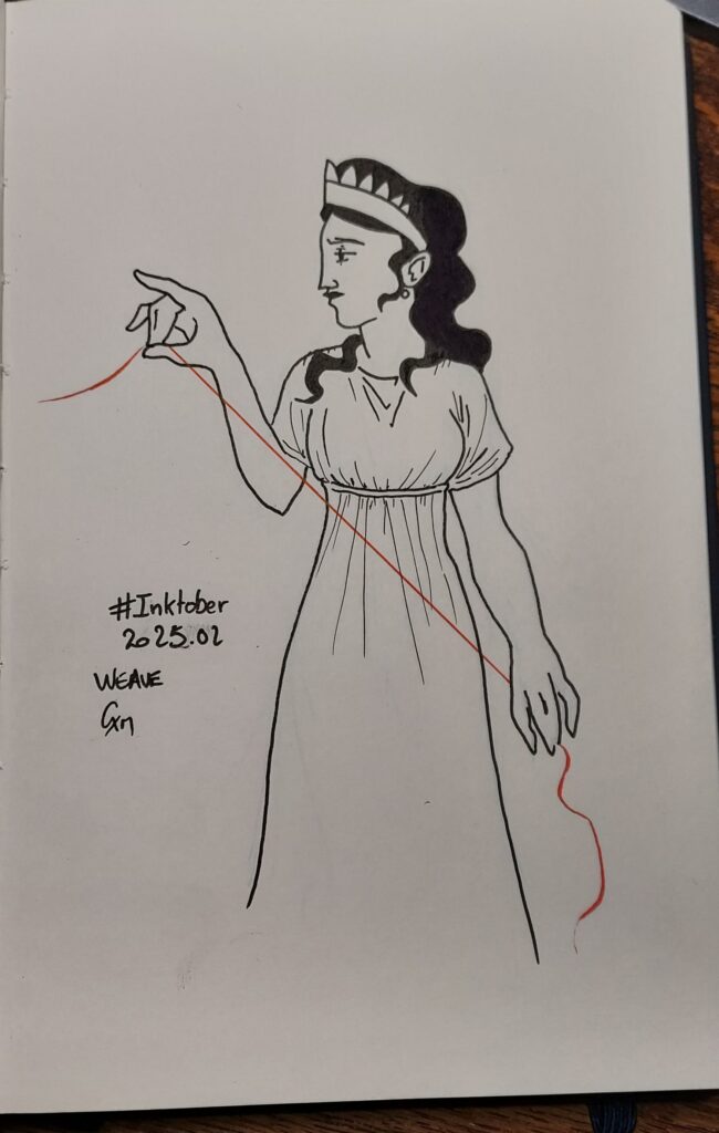 Dessin d’une femme grecque antique qui tient un fil rouge dans les mains