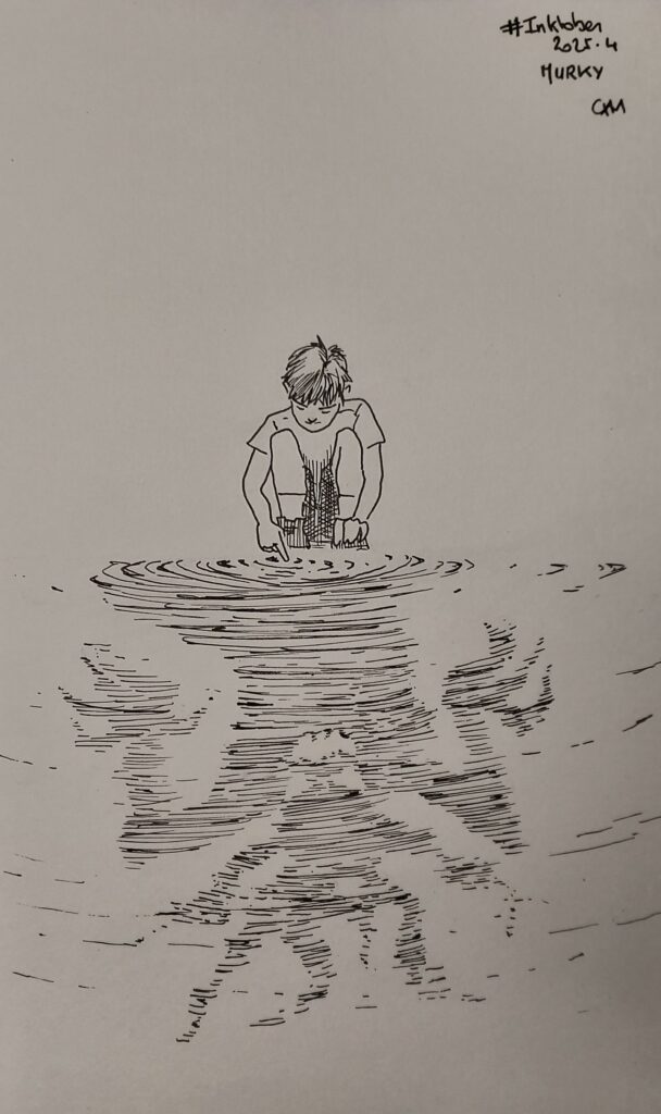 Le dessin d’un enfant face à une flaque d’eau mais son reflet a la forme d’un monstre.