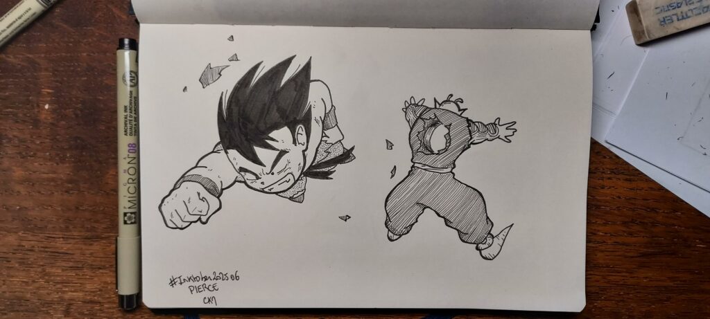 Dessin de Son Gonku enfant en plein vol, le poing en avant, après avoir traversé le corps de Piccolo père