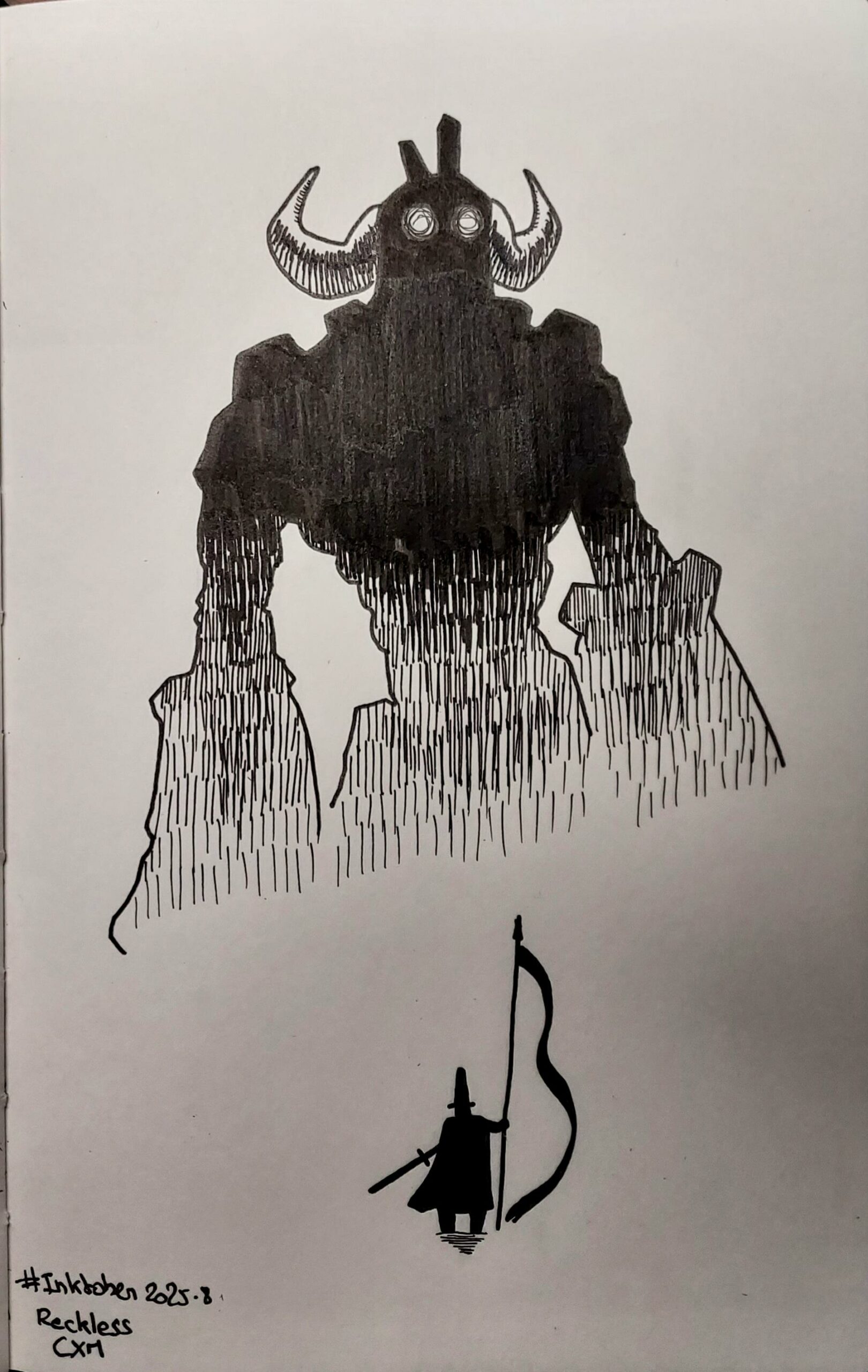 La silhouette d’un géant monstreux surplombe une toute petite silhouette de héros un bannière dans une main, une épée dans l'autre