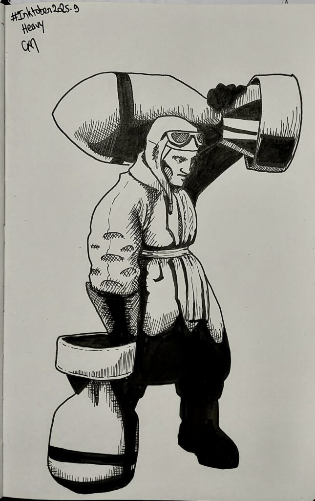 Dessin d’un homme avec un casque d’aviateur en imperméable bouffant, portant un obus sur l'épaule et un posé contre sa jambe