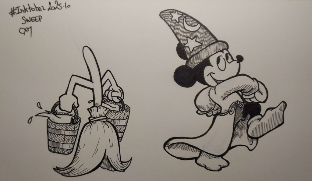 Dessin à l'encre de Mikey en apprenti sorcier et d’un balai rendu vivant par magie qui porte 2 seaux d’eau