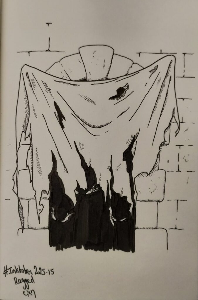 Un rideau en lambeaux devant une ouverture faite de moellons type château médiéval, des lueurs en formes d’yeux étranges sont tapies dans l'ombre