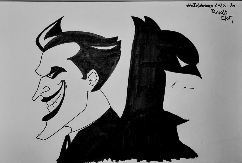 Un dessin du joker et de batman dos à dos, vus de profil, dans le style du dessin animé de Warner Bros.