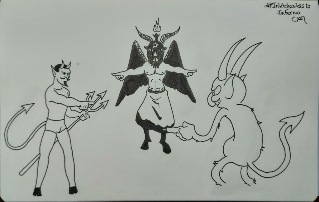 Un dessin reprenant la pose du même des 3 spiderman qui se pointent du doigt l'un l'autre mais les personnages sont des diables dans des versions différentes de la pop culture