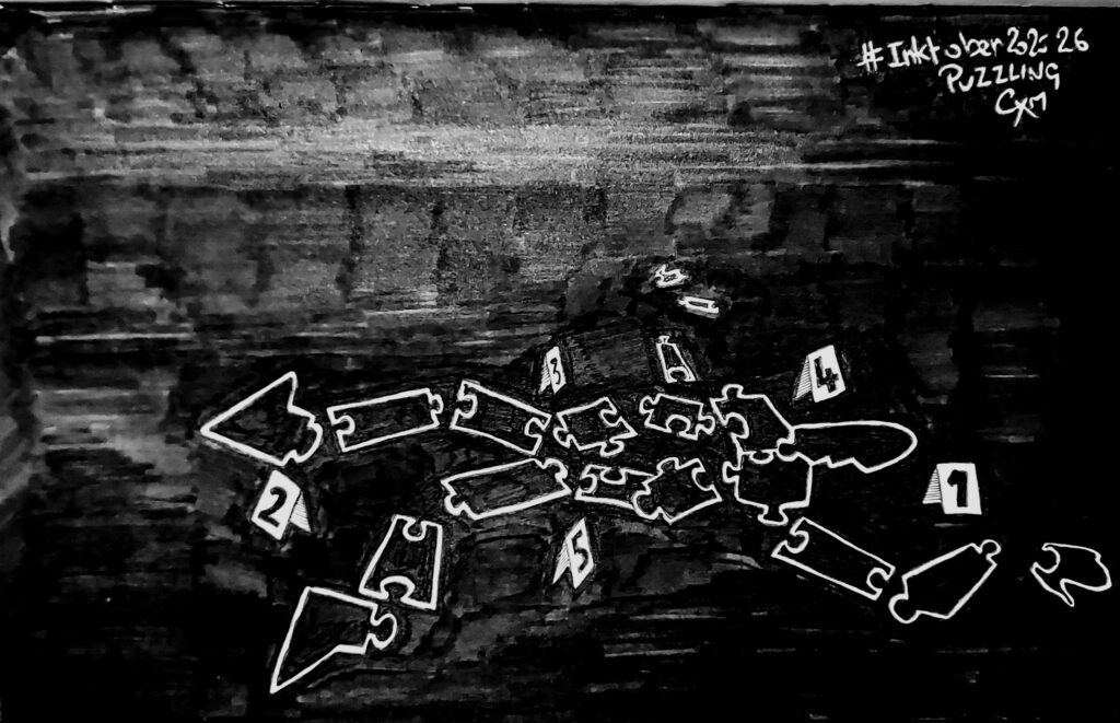 un dessin sur fond noir, avec une silhouette de cadavre dessinée à la craie sur le sol mais le corps est fait de pièce de puzzle. Il y a des petites pancartes numérotées pour les indices (invisibles ici)