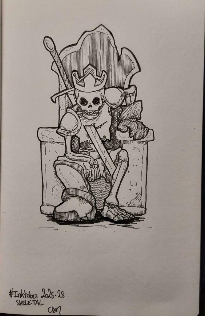 Dessin d'un squelette assis sur un trône, une couronne sur la tête, il lui manque un gant et une botte, une épée lui traverse le torse du dos vers l'avant.