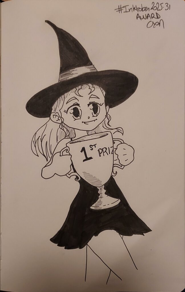 Dessin d'une sorcière qui tient une coupe sur laquelle est écrit 1st prize