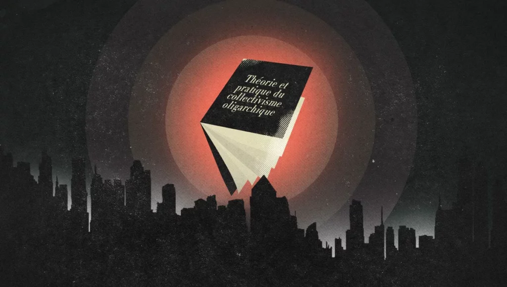Une silhouette de ville sombre, au-dessus d’elle, un livre stylisé à la couverture noire sur laquelle est écrit « Théorie et pratique du collectivisme oligarchique » © Michael Sallit, Radio France