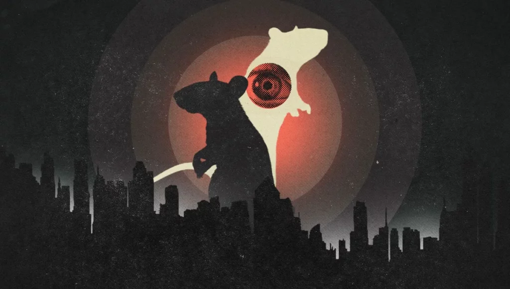 Une silhouette de ville sombre, derrière se dressent 2 rats : un blanc un noir, et un œil © Michael Sallit, Radio France