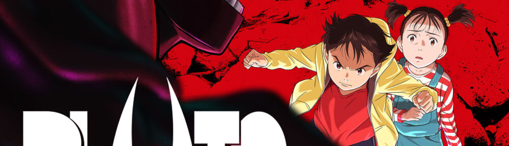 Image sur ton rouge, une silhouette de monstre prend la moitié gauche de l’image, il est de dos et semble sur le point d’attaquer. En face de lui, Astro, prêt à en découdre, et Uranie (sa petite sœur).